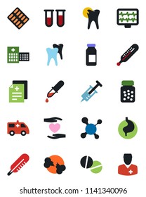 Color and black flat icon set - monitor pulse vector, diagnosis, molecule, syringe, blood test vial, dropper, thermometer, pills, bottle, blister, ampoule, ambulance car, heart hand, stomach, tooth
