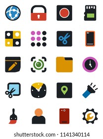 Color and black flat icon set - phone back vector, menu, themes, user, clock, record, sd, network, folder, notes, torch, cut, place tag, lock, eye id, application, root setup