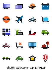 Color and black flat icon set - plane vector, baggage trolley, alarm car, larry, luggage scales, airport building, bike, sea shipping, truck trailer, cargo container, delivery, consolidated, no