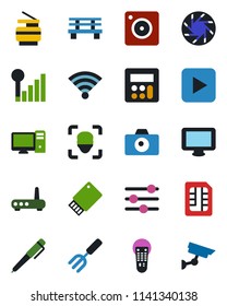 Color and black flat icon set - camera vector, garden fork, bench, remote control, monitor, play button, mobile, tuning, calculator, sim, wireless, face id, cellular signal, copier, pen, router, pc