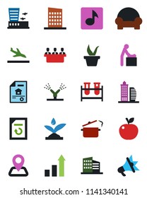 Color and black flat icon set - arrival vector, baby room, airport building, growth statistic, document reload, seedling, blood test vial, navigation, music, meeting, estate, office, city house