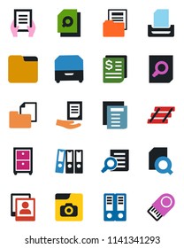 Color and black flat icon set - office binder vector, document search, receipt, folder, photo gallery, paper, tray, archive box, usb flash