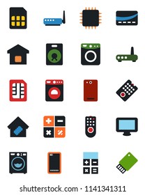 Color and black flat icon set - washer vector, calculator, monitor, speaker, phone back, sim, smart home, credit card, chip, remote control, router, usb flash