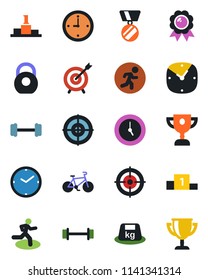 Color and black flat icon set - medal vector, barbell, bike, run, heavy, clock, target, pedestal, award cup