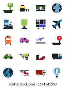 Color and black flat icon set - plane vector, departure, train, helicopter, airport building, wheelbarrow, earth, sea shipping, car delivery, port, consolidated cargo, fragile, heavy scales