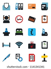 Color and black flat icon set - no smoking vector, bomb in case, reception, document reload, pulse clipboard, barcode, radio phone, mail, sim, wireless, face id, news, paper binder, pen, bedroom