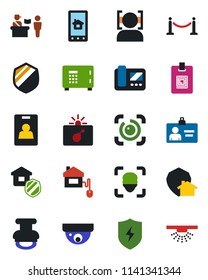 Color and black flat icon set - fence vector, passport control, bomb in case, safe, identity card, shield, protect, face id, eye, stamp, estate insurance, home, intercome, app, surveillance