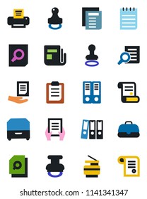 Color and black flat icon set - stamp vector, office binder, document search, notepad, contract, news, clipboard, paper, printer, archive box, copier, case