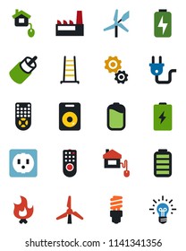 Color and black flat icon set - ladder vector, fire, remote control, speaker, battery, rca, charge, windmill, factory, home, socket, power plug, energy saving bulb, gear, idea
