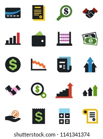 Color and black flat icon set - handshake vector, growth statistic, dollar sign, calculator, cash, receipt, news, bar graph, abacus, contract, credit card, arrow up, wallet, crisis, money search