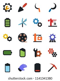 Color and black flat icon set - trowel vector, glove, sickle, reel, battery, low, root setup, crane, gear, sun panel, windmill, hard work