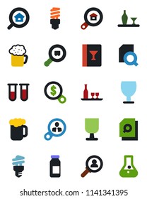 Color and black flat icon set - blood test vial vector, ampoule, fragile, search cargo, document, estate, alcohol, wine card, beer, energy saving bulb, consumer, money, flask