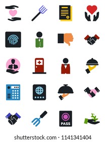 Color and black flat icon set - passport vector, medical room, handshake, garden fork, farm, heart hand, client, finger down, fingerprint id, contract, waiter, combination lock, palm sproute