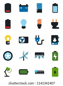 Color and black flat icon set - bulb vector, battery, low, charge, desk lamp, air conditioner, fridge, power plug, fan, water heater, energy saving, windmill