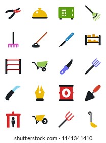 Color and black flat icon set - security gate vector, safe, trowel, farm fork, rake, wheelbarrow, pruner, hoe, garden knife, scalpel, oil barrel, rack, ink pen, dish, ladle