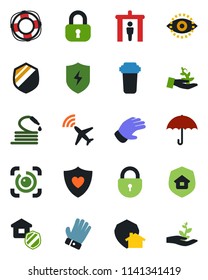 Color and black flat icon set - plane radar vector, security gate, lock, glove, hose, heart shield, umbrella, protect, eye id, estate insurance, water filter, home, palm sproute, crisis management