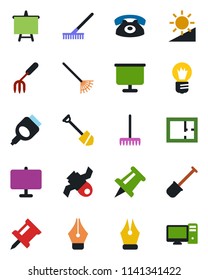 Color and black flat icon set - presentation board vector, drawing pin, bulb, job, garden fork, shovel, rake, satellite, hdmi, brightness, ink pen, plan, phone, pc