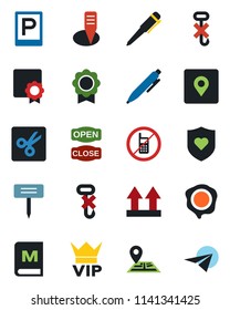 Color and black flat icon set - parking vector, no mobile, vip, pen, stamp, plant label, heart shield, navigation, up side sign, hook, cut, place tag, sertificate, menu, open close, paper plane
