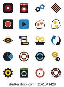 Color and black flat icon set - washer vector, gear, contract, pills blister, play button, rec, update, record, eye id, pie graph, target, flower in pot, omelette, clock, crisis management