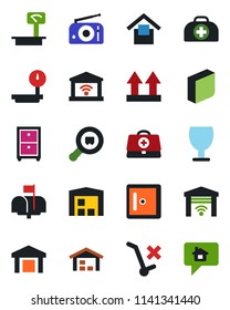 Color and black flat icon set - checkroom vector, doctor case, fragile, warehouse storage, up side sign, no trolley, heavy scales, search cargo, radio, blank box, archive, mailbox, home message
