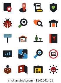 Color and black flat icon set - no laptop vector, statistic monitor, contract, lady bug, plant label, heart diagnostic, shield, warehouse, package, search cargo, application, sertificate, alcohol