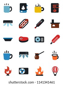 Color and black flat icon set - fire vector, fireplace, thermometer, coffee, air conditioner, steak, hot dog, bowl, turkish, water heater, balloon