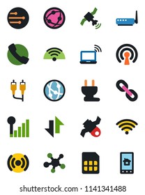 Color and black flat icon set - wireless notebook vector, satellite, network, share, chain, rca, call, sim, data exchange, cellular signal, power plug, router, home control app