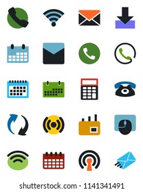Color and black flat icon set - phone vector, mail, mouse, calendar, call, update, download, wireless, calculator