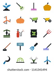 Color and black flat icon set - garden fork vector, farm, rake, wheelbarrow, well, hoe, sickle, plant label, pumpkin, greenhouse, sprayer, fertilizer, windmill, irrigation