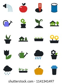 Color and black flat icon set - flower in pot vector, seedling, watering can, sproute, rain, plant label, pumpkin, tulip, oil barrel, house with tree, apple fruit, water filter