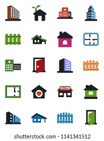 Color and black flat icon set - office building vector, fence, house, hospital, store, with garage, plan, sweet home, eco, door