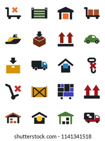 Color and black flat icon set - sea shipping vector, car delivery, container, consolidated cargo, warehouse storage, up side sign, no trolley, hook, package, moving