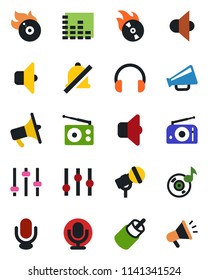 Color and black flat icon set - flame disk vector, microphone, radio, speaker, loudspeaker, settings, equalizer, headphones, rca, tuning, mute, music, sound, advertising