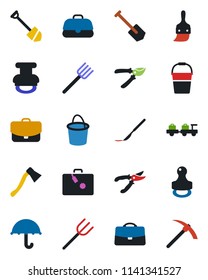 Color and black flat icon set - suitcase vector, baggage larry, job, farm fork, bucket, pruner, axe, scalpel, umbrella, themes, case, stamp, hard work