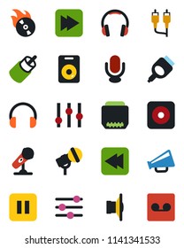 Color and black flat icon set - flame disk vector, microphone, speaker, loudspeaker, settings, headphones, pause button, fast forward, rewind, rec, rca, hdmi, tuning, record