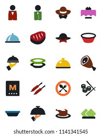 Color and black flat icon set - spoon and fork vector, waiter, dish, restaurant table, menu, plates, dress code, chicken, steak, kebab, ham, bowl, sushi, serviette