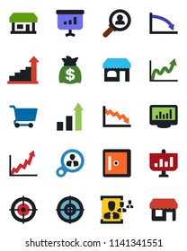 Color and black flat icon set - shop vector, checkroom, growth statistic, money bag, store, monitor statistics, hr, target, consumer search, graph, crisis, cart, presentation, storefront