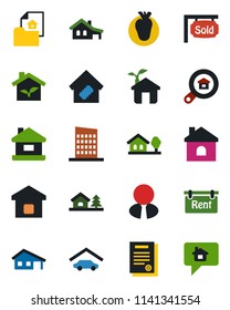 Color and black flat icon set - house vector, real heart, contract, with garage, tree, estate document, rent, sold signboard, search, agent, smart home, city, eco, message