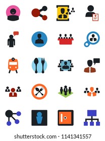 Color and black flat icon set - spoon and fork vector, train, male, checkroom, speaking man, team, patient, user, hr, meeting, company, consumer search, group, social media, hierarchy