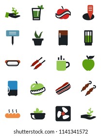 Color and black flat icon set - hot cup vector, seedling, plant label, diet, drink, phyto bar, salad, bacon, bread, kebab, dog, apple fruit, fan, fridge, palm sproute