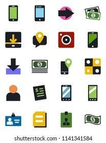 Color and black flat icon set - right arrow vector, mobile phone, identity card, document, cash, tracking, cell, camera, user, download, application, restaurant receipt