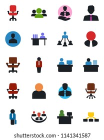 Color and black flat icon set - manager vector, office chair, place, client, user, company, desk, hierarchy, estate agent, group