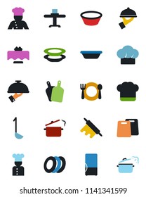 Color and black flat icon set - fridge vector, cook, restaurant table, cafe, hat, plates, waiter, ladle, bowl, rolling pin, cutting board, steaming pan