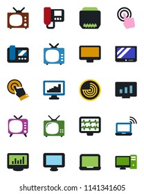 Color and black flat icon set - wireless notebook vector, radar, pc, statistic monitor, pulse, tv, touch screen, hdmi, statistics, intercome