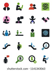 Color and black flat icon set - escalator vector, baby, handshake, speaking man, pregnancy, client, speaker, group, fingerprint id, meeting, search, estate agent, waiter, money, with notebook