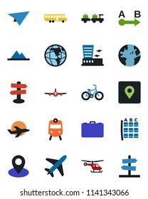 Color and black flat icon set - plane vector, airport bus, train, baggage larry, helicopter, seat map, building, case, bike, signpost, earth, pin, route, place tag, mountains, paper, guidepost
