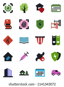 Color and black flat icon set - office building vector, book, pennant, tree, syringe, satellite, film frame, protect, eye id, calendar, house with, sweet home, smart, fingerprint, smoke detector