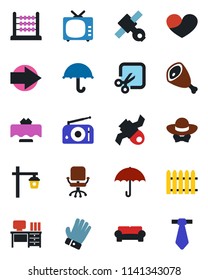 Color and black flat icon set - right arrow vector, office chair, desk, fence, glove, garden light, satellite, umbrella, radio, tv, heart, cut, abacus, cushioned furniture, restaurant table, ham