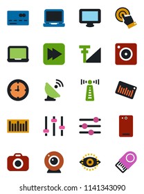 Color and black flat icon set - antenna vector, credit card, notebook pc, clock, barcode, satellite, camera, touch screen, monitor, laptop, fast forward, phone back, mobile, tuning, eye id, web