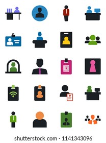 Color and black flat icon set - female vector, reception, manager, identity card, place, patient, user, desk, estate agent, pass, group